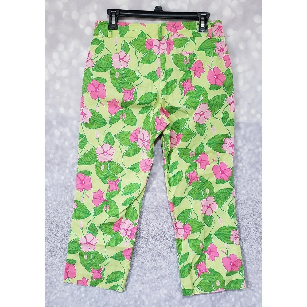 Vintage Lilly Pulitzer Size 8 Mandevilla Capri Pants Green Pink Floral Print